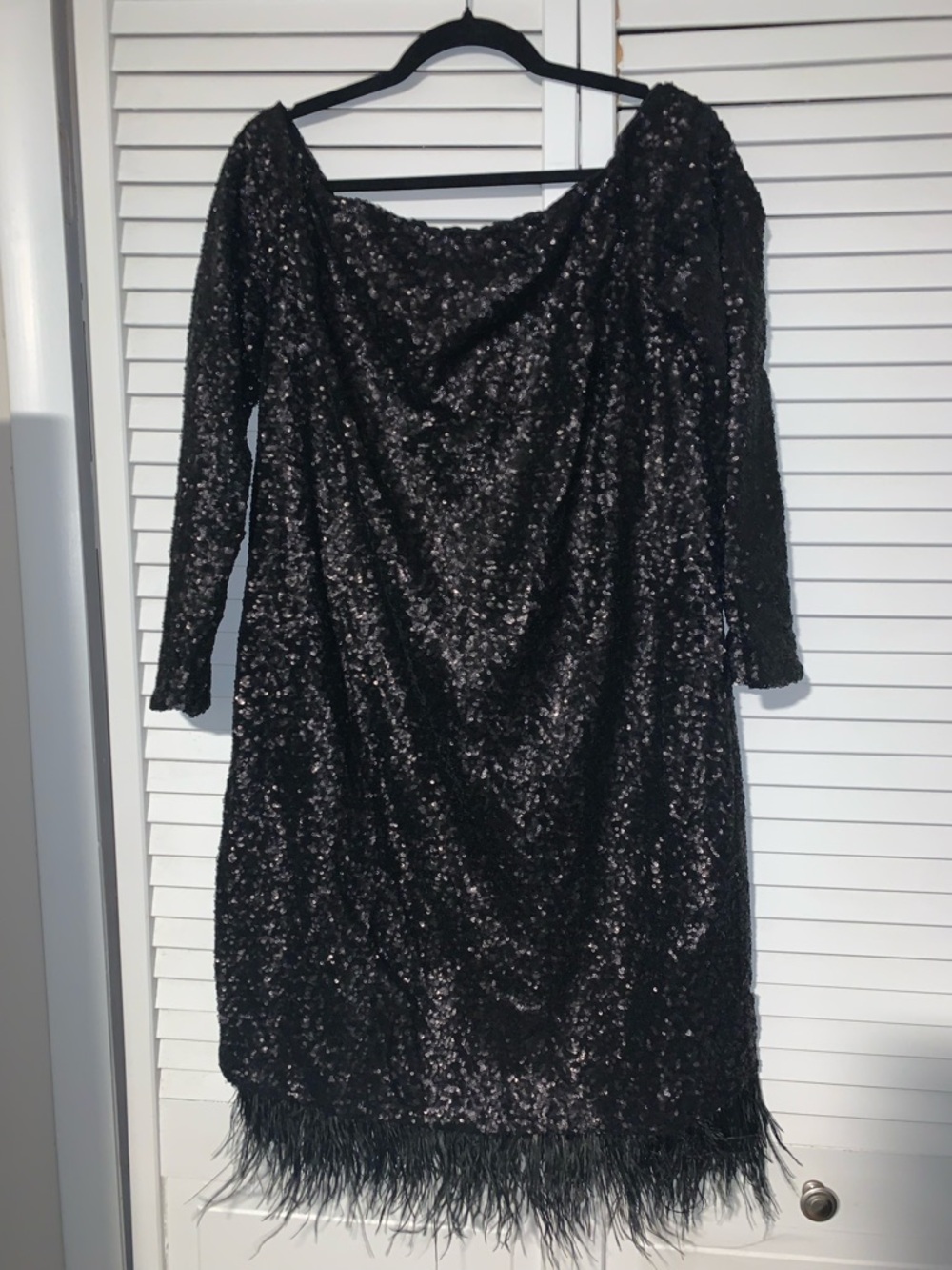 Eloquii Plus Size Women’s Off The Shoulder Sequin Feather Hem Sheath Dress